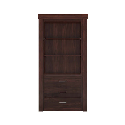 Murphy Door® espresso wood hidden bookcase door with open shelves and three bottom drawers.