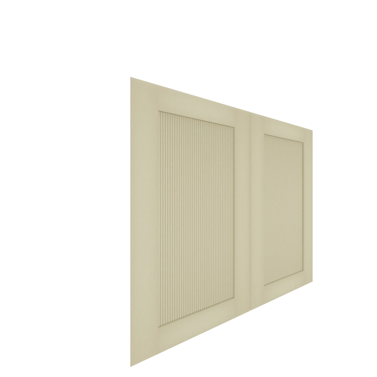 Light beige lower shaker cabinet doors with vertically reeded panels, shown angled on a white background