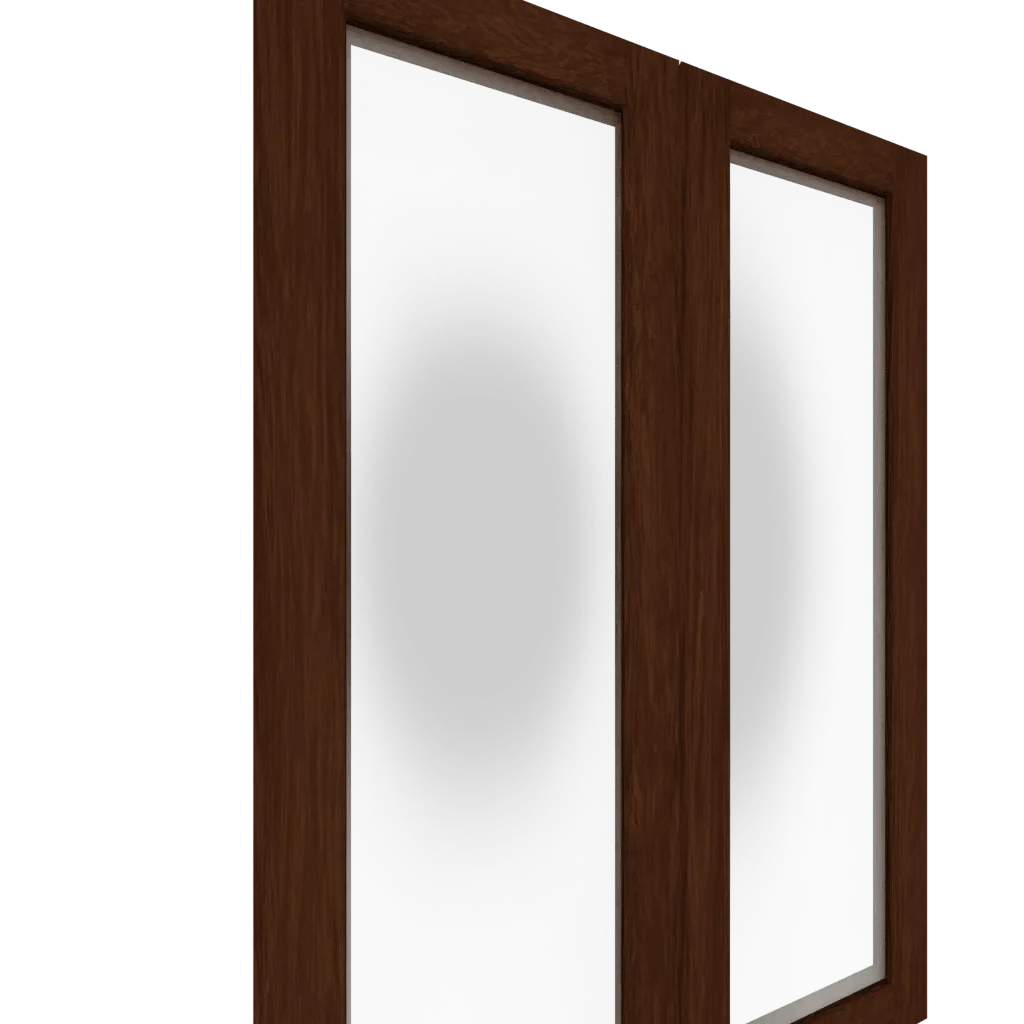 Angled view of a dark brown veneer Upper Glass Panel Cabinet Door with two translucent glass panels, highlighting wood grain