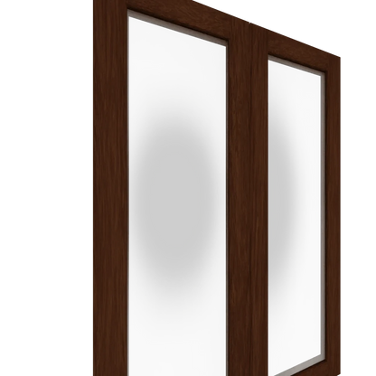 Angled view of a dark wood veneer Upper Glass Panel Cabinet Door with two vertical translucent glass panes