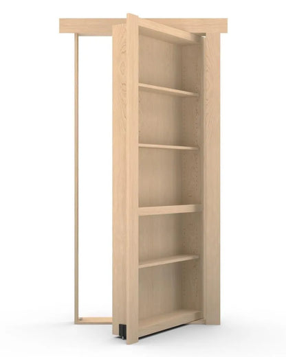 Murphy Door® hidden bookcase door in light wood finish with five adjustable shelves, shown in partially open position.