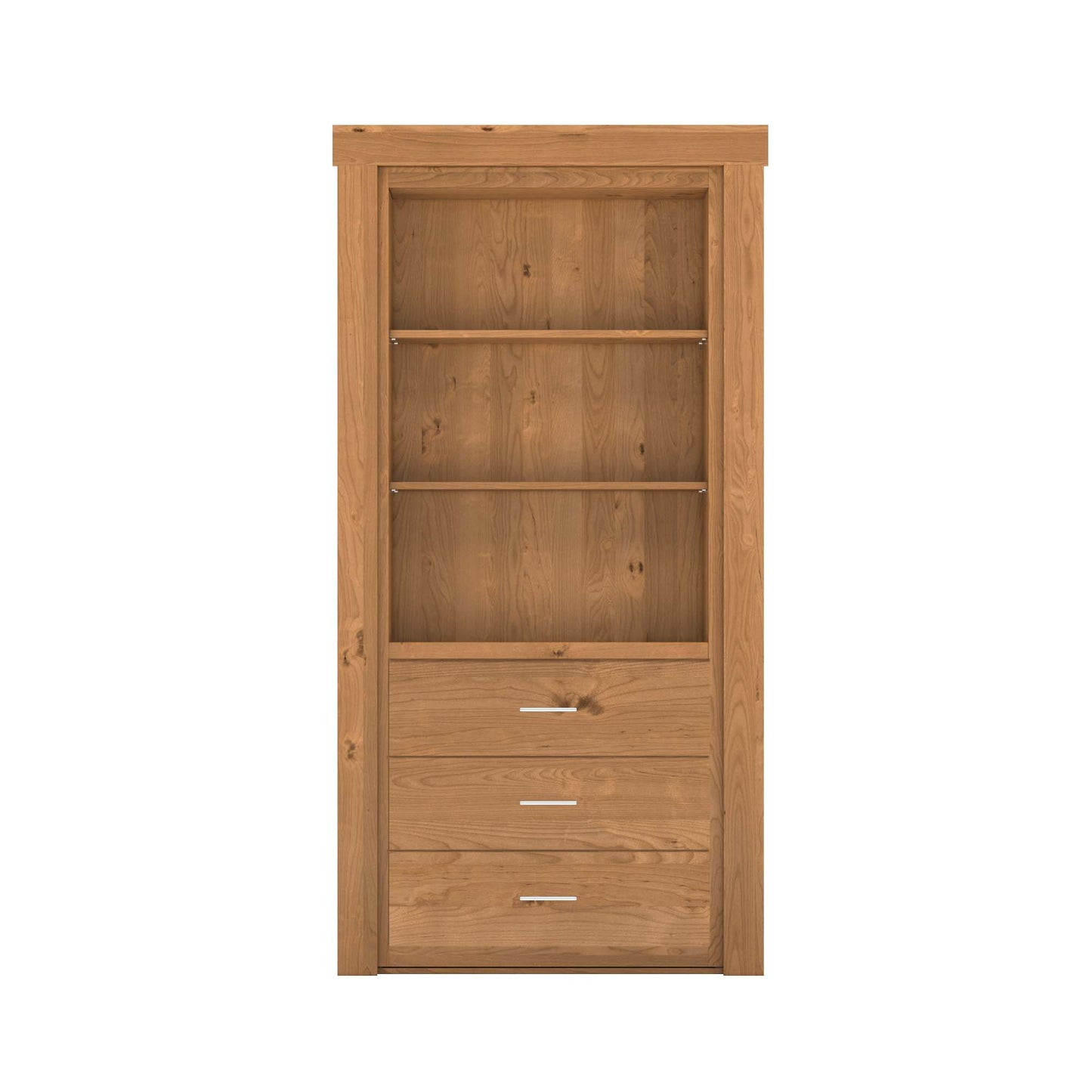 Murphy Door® natural wood hidden door bookcase with two open shelves and three drawers.