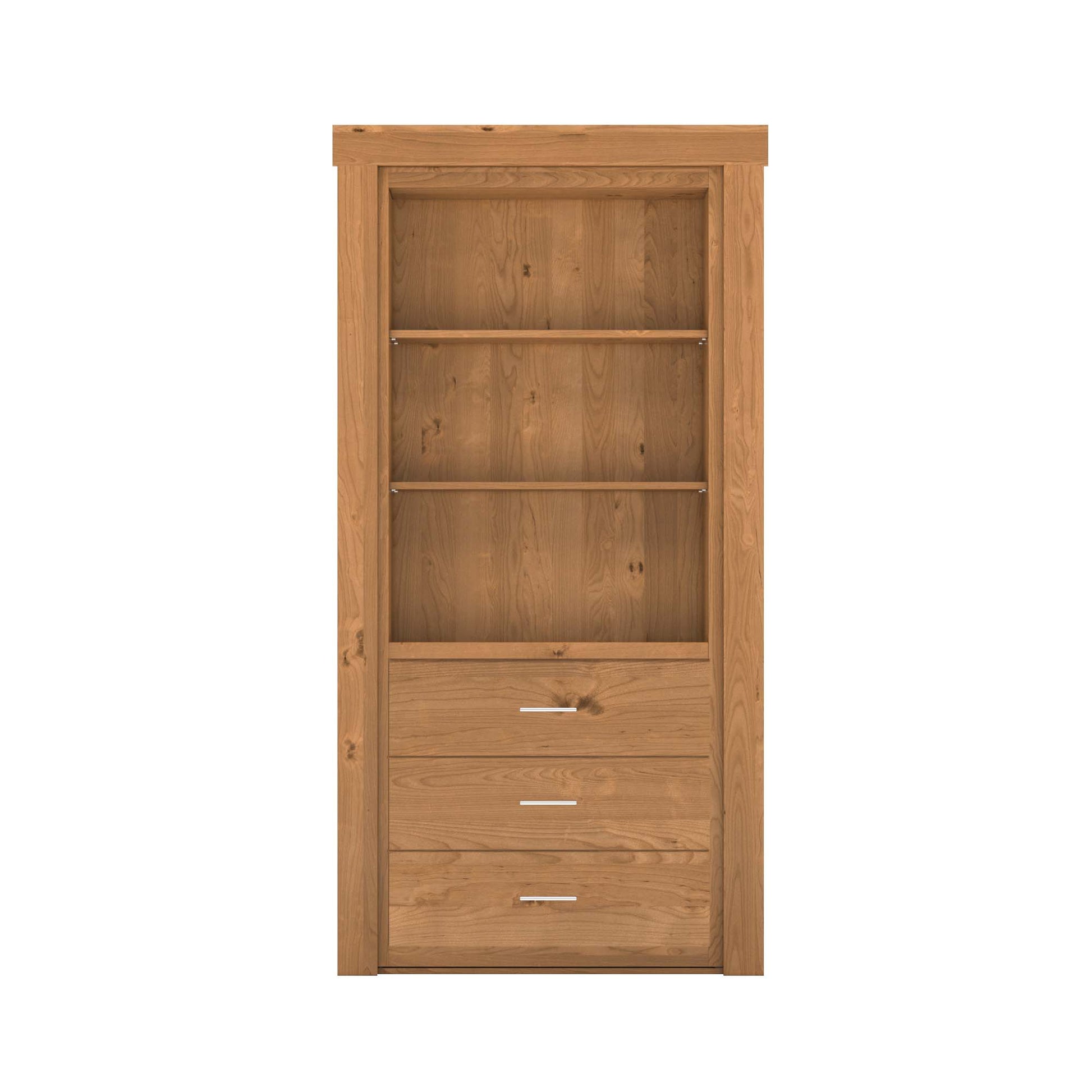 Murphy Door® natural wood hidden door bookcase with two open shelves and three drawers.