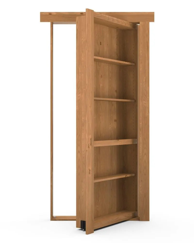 Murphy Door® wooden hidden bookcase door in light oak finish with adjustable shelving, partially opened to reveal storage space.