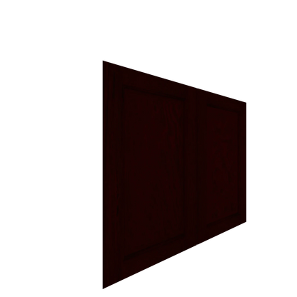 Angled view of a dark reddish-brown lower inset raised panel right French cabinet door