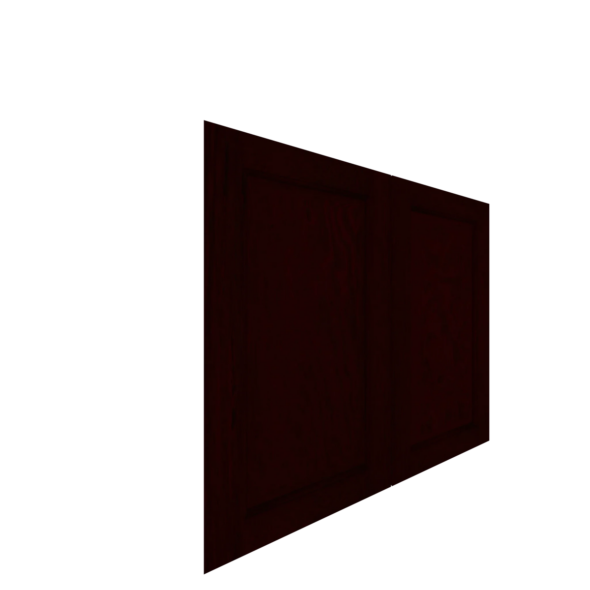 Angled close-up of a dark cherry stained raised panel cabinet door, showing the wood grain detail