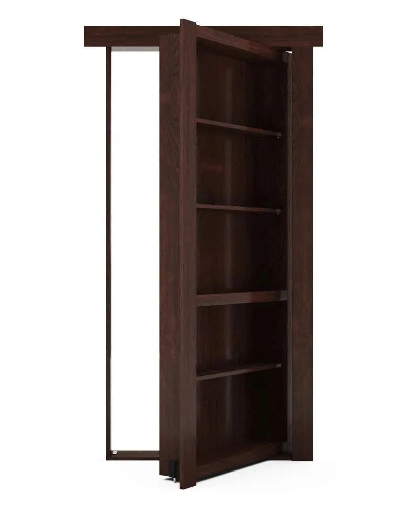 Murphy Door® hidden bookcase door in dark wood with five interior shelves, shown partially open to reveal secret room entrance.