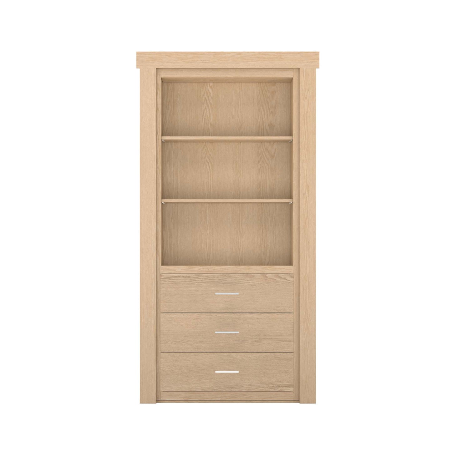 Murphy Door® light wood hidden door bookcase with 2 open shelves and 3 drawers.