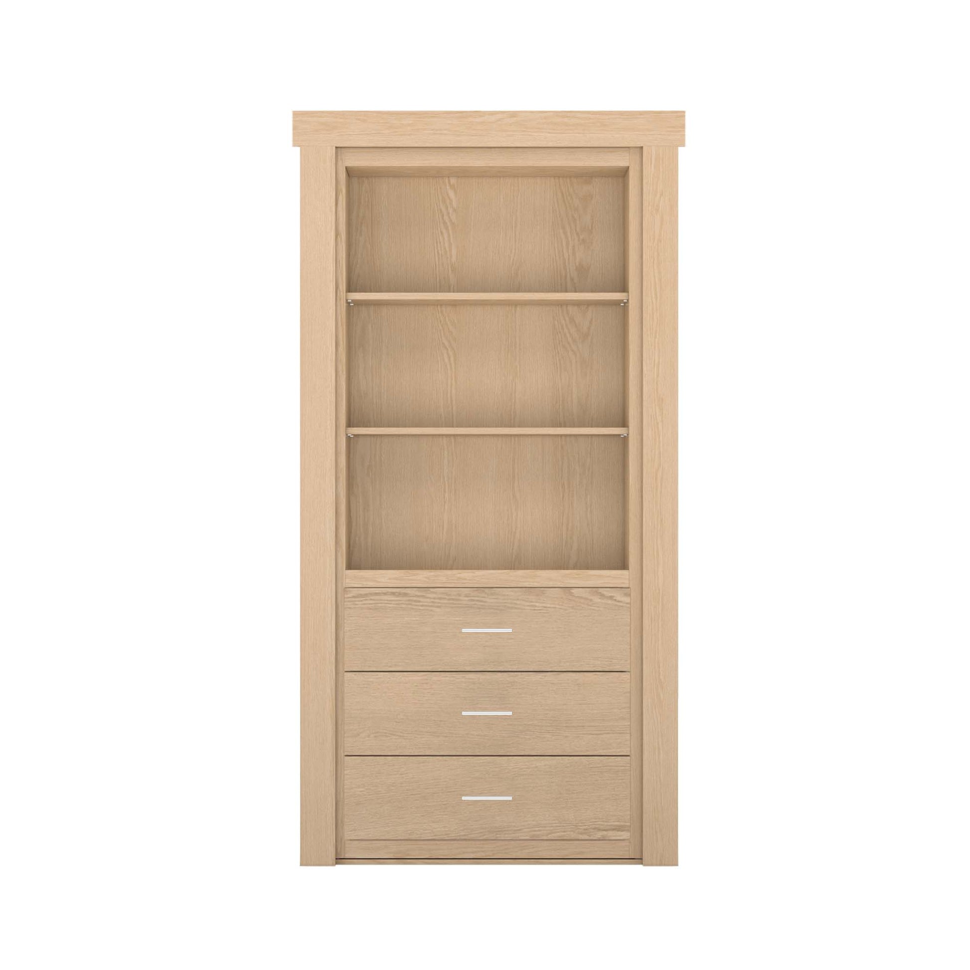Murphy Door® light wood hidden door bookcase with 2 open shelves and 3 drawers.