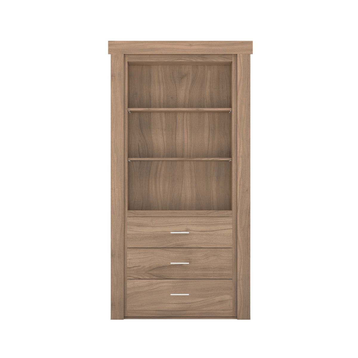 Murphy Door® light brown wood hidden bookcase with open shelves and three bottom drawers with silver handles.