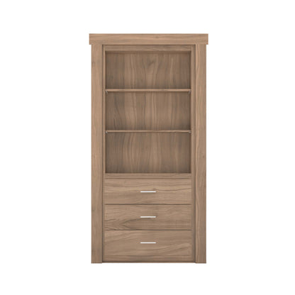 Murphy Door® light brown wood hidden bookcase with open shelves and three bottom drawers with silver handles.