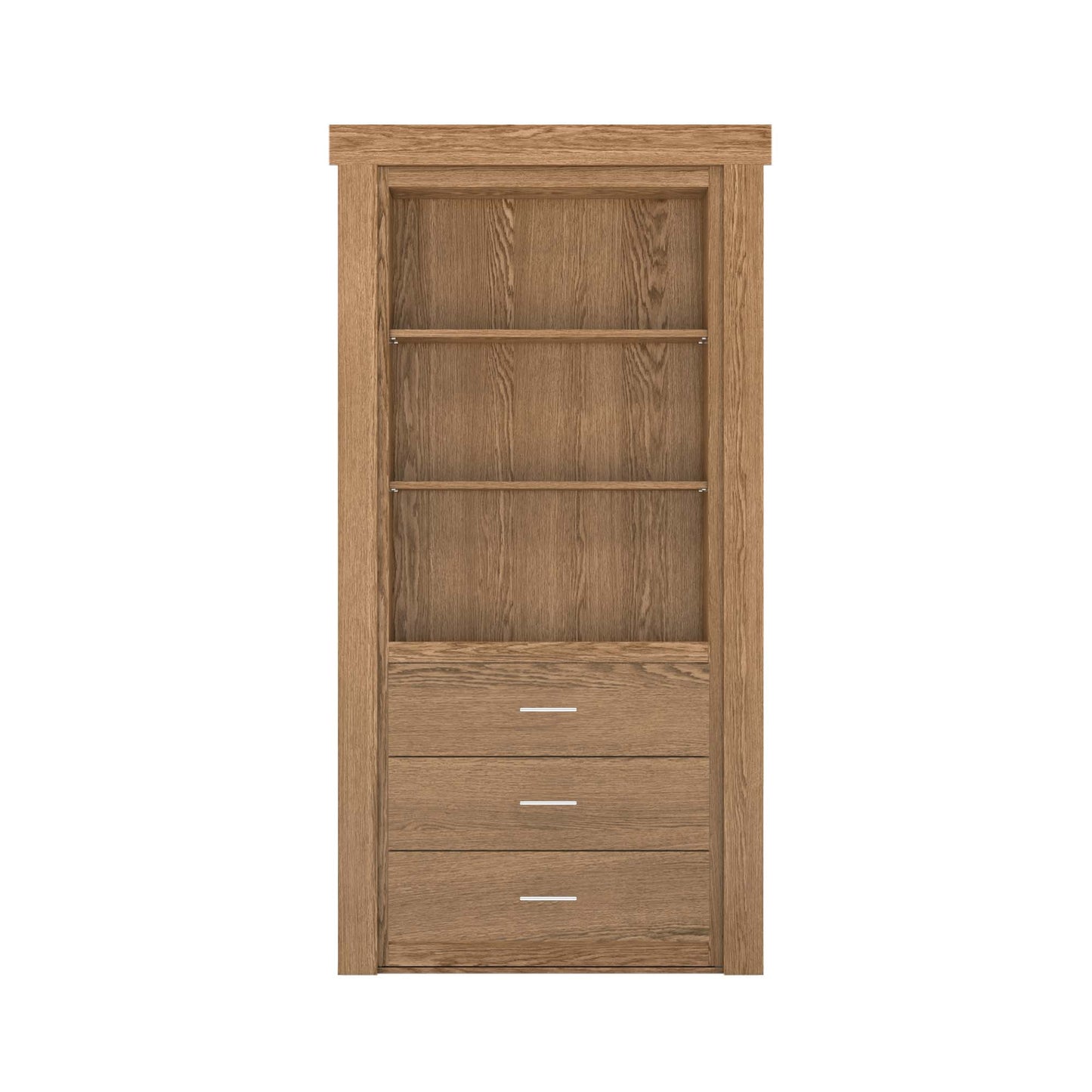 Murphy Door® hidden bookshelf door, medium brown wood, with 2 shelves & 3 drawers with silver pulls.