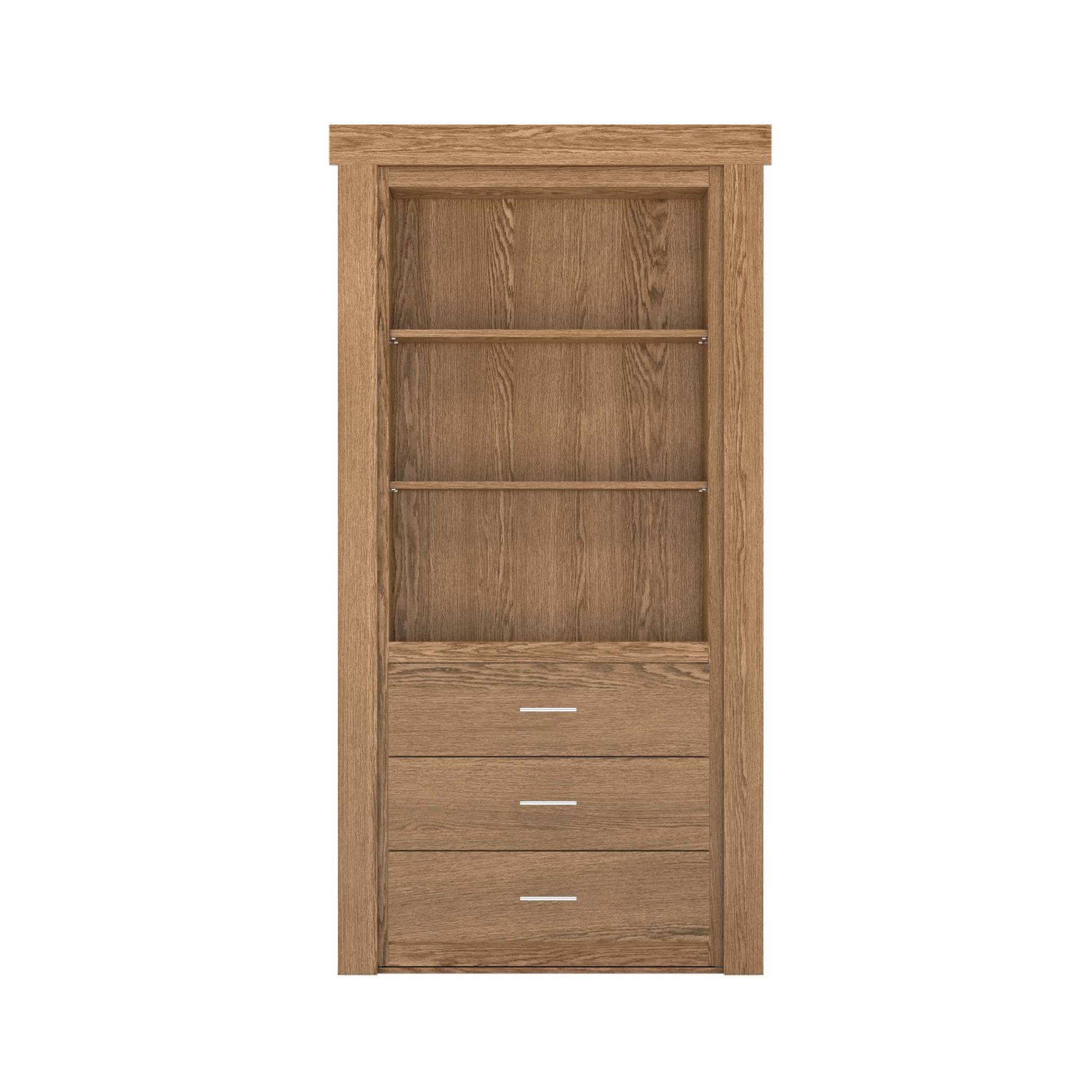 Murphy Door® hidden bookshelf door, medium brown wood, with 2 shelves & 3 drawers with silver pulls.