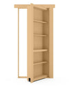 Murphy Door® hidden bookshelf door in light beige, partially opened to reveal adjustable shelving and concealed doorway design.