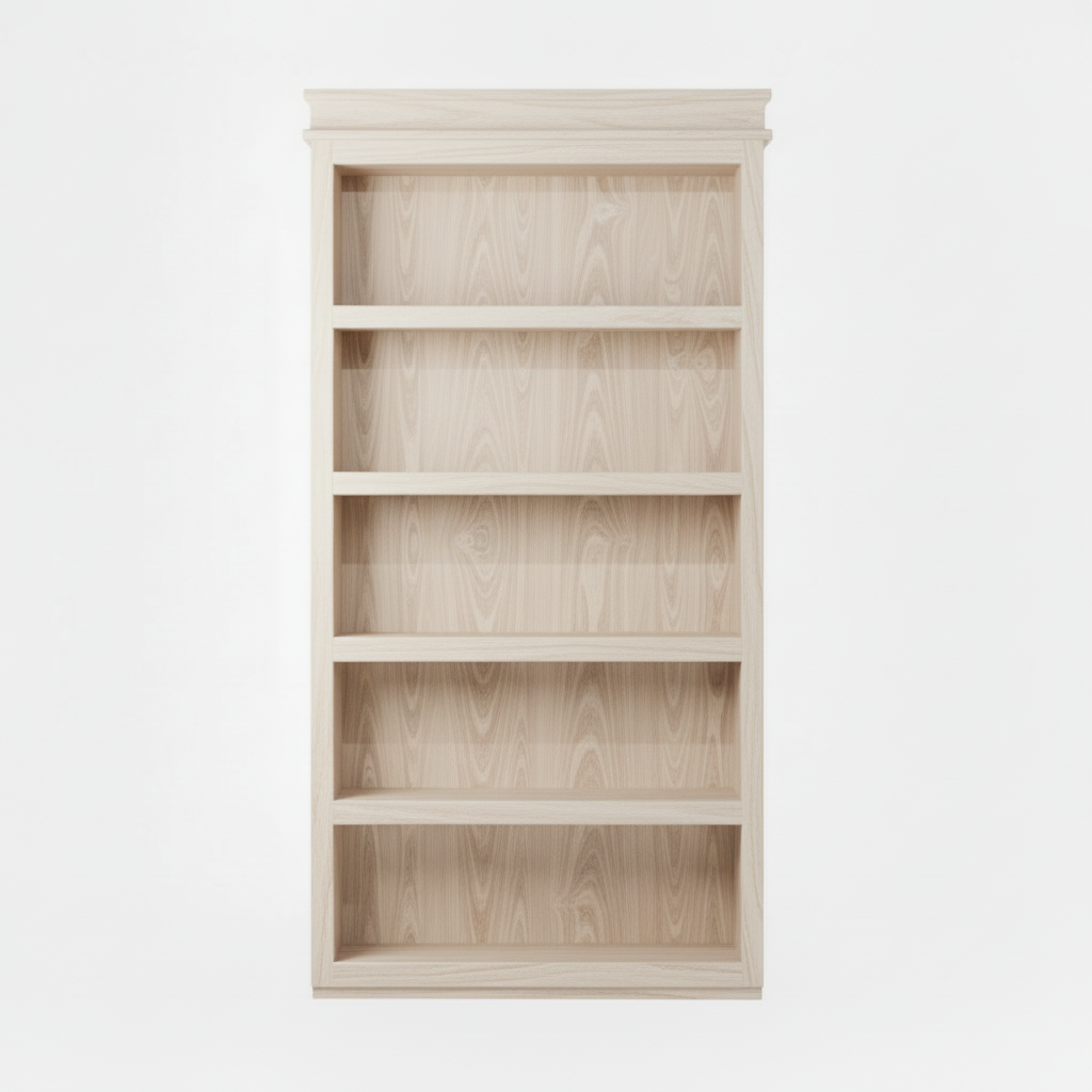 Light wood Murphy Door® bookcase with five empty shelves, featuring natural wood grain and traditional crown molding design.