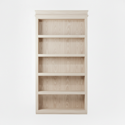 Light wood Murphy Door® bookcase with five empty shelves, featuring natural wood grain and traditional crown molding design.