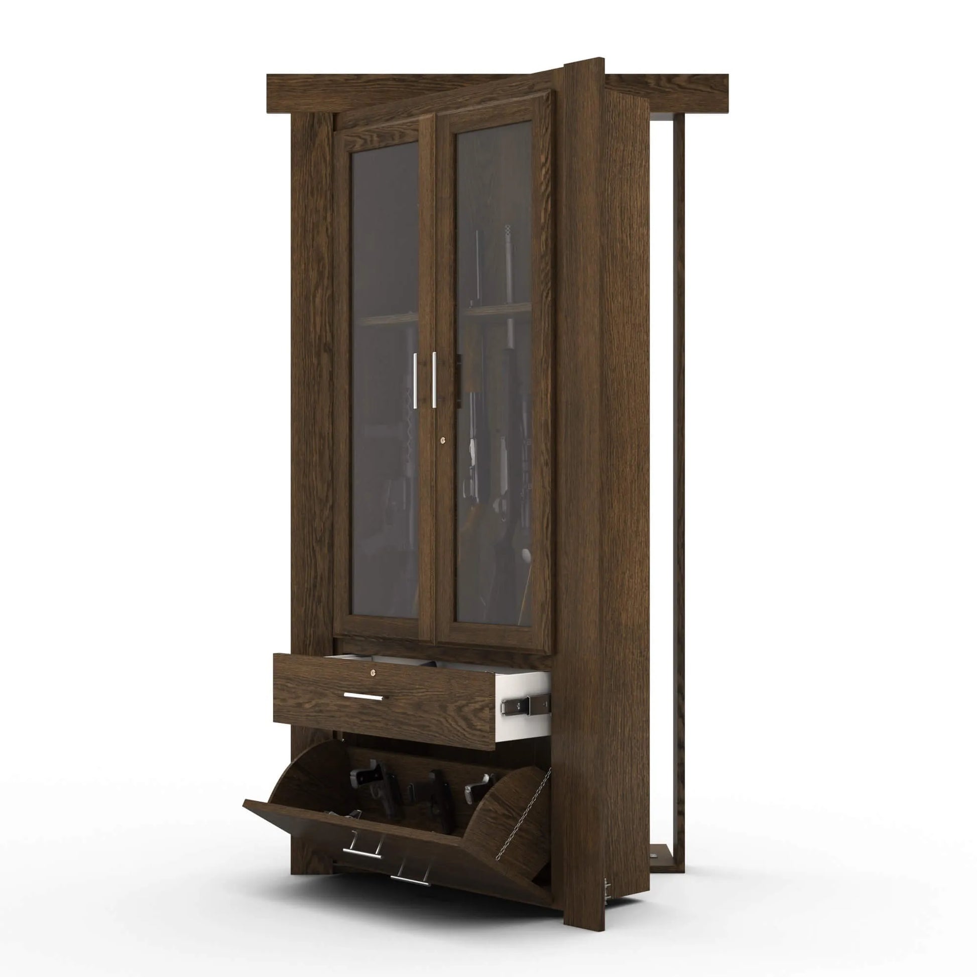 Murphy Door® wooden cabinet with glass doors, pull-out drawer, and hidden storage compartment in rich dark oak finish.