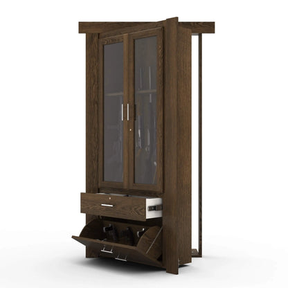 Murphy Door® wooden cabinet with glass doors, pull-out drawer, and hidden storage compartment in rich dark oak finish.