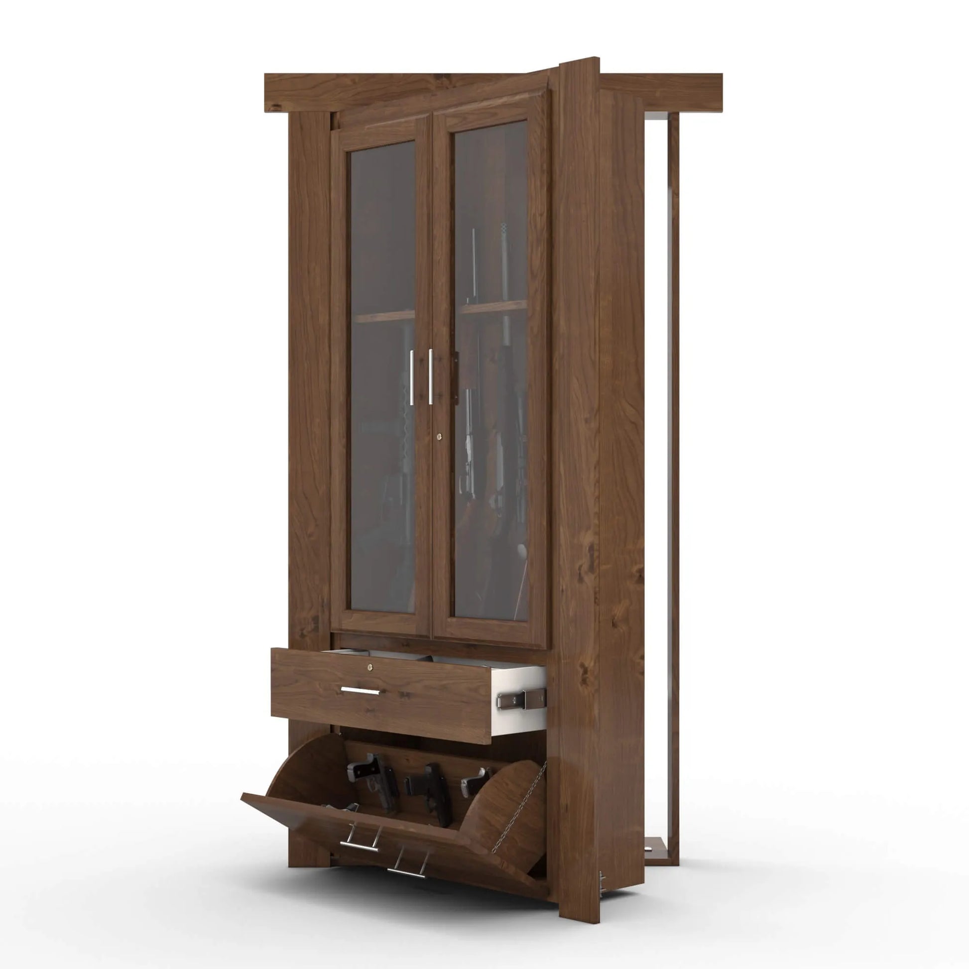 Murphy Door® wooden cabinet with glass doors, pull-out drawer, and hidden storage compartment in walnut finish.