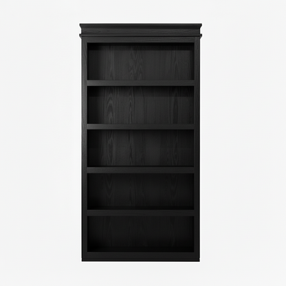 Murphy Door® black wooden bookcase with five open shelves, featuring traditional styling and wood grain finish.