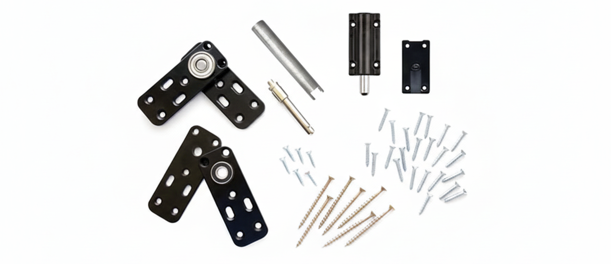 Murphy Door® hidden door hardware kit with black pivot hinges, plunger latch, and assorted mounting screws.