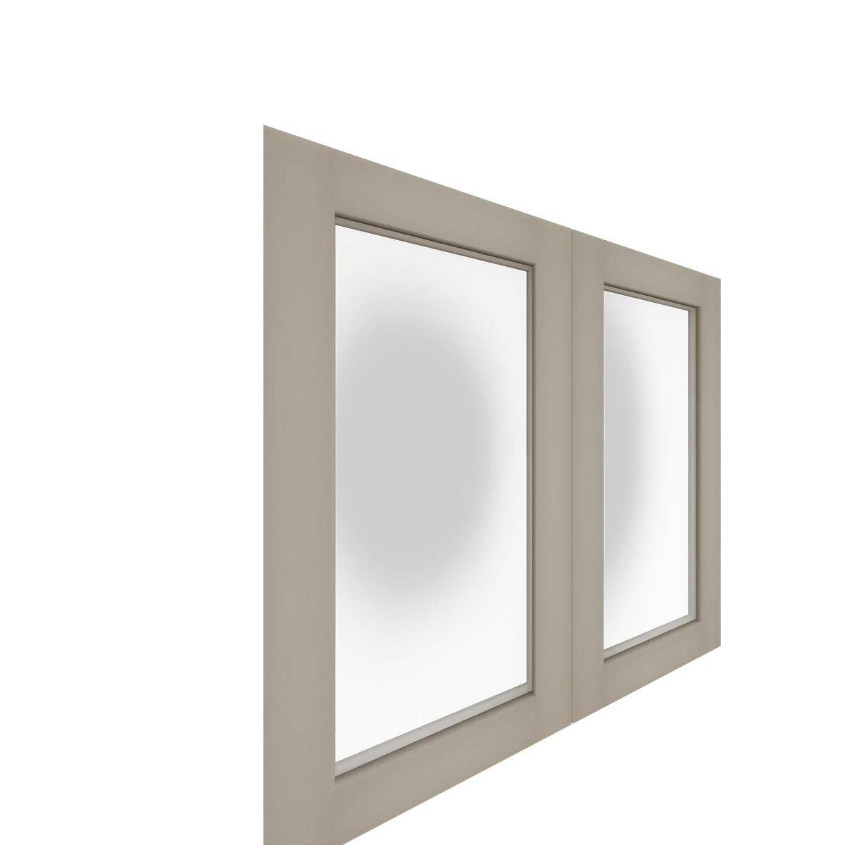 Two closed lower glass panel cabinet doors in paint grade light tan with frosted panels