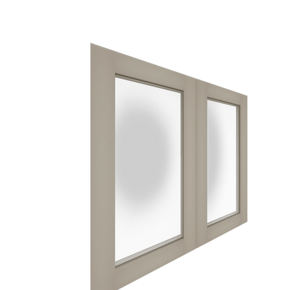 Two closed lower glass panel cabinet doors in paint grade light tan with frosted panels