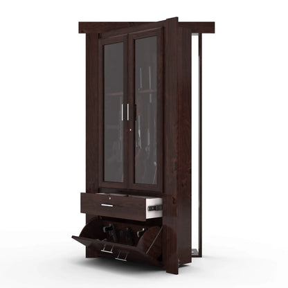 Murphy Door® wooden gun cabinet with glass doors, hidden drawer, and flip-down compartment in dark walnut finish.