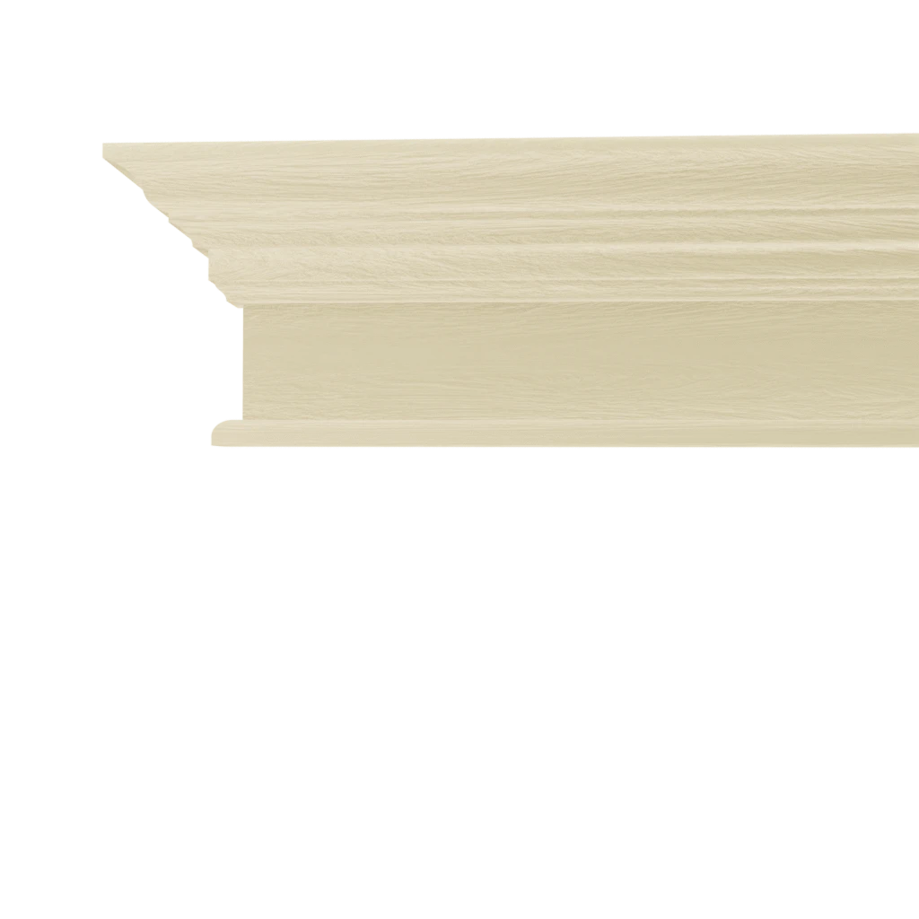Murphy Door® light beige wood crown molding with a stepped profile on the left and rounded edge.