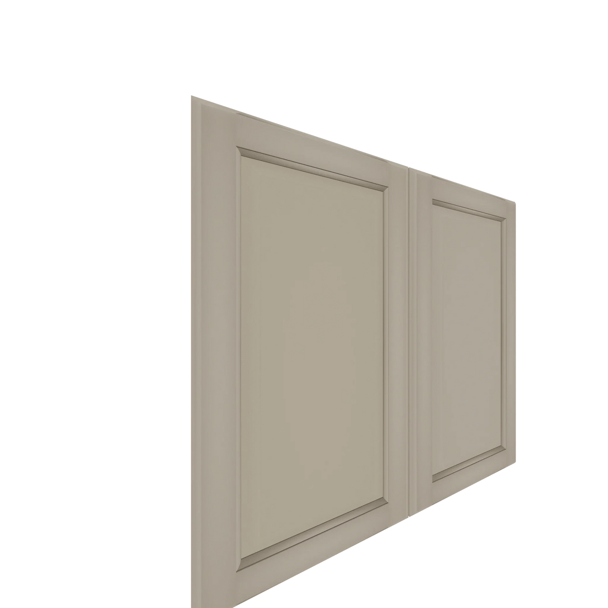 Two raised panel cabinet doors with a light neutral paint grade finish, angled view