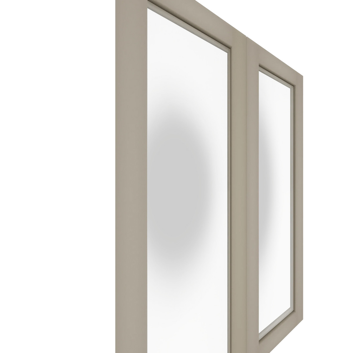 Angled view of a Left Upper Glass Panel Cabinet Door in paint grade with frosted glass panels