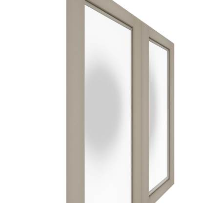Angled view of a Left Upper Glass Panel Cabinet Door in paint grade with frosted glass panels