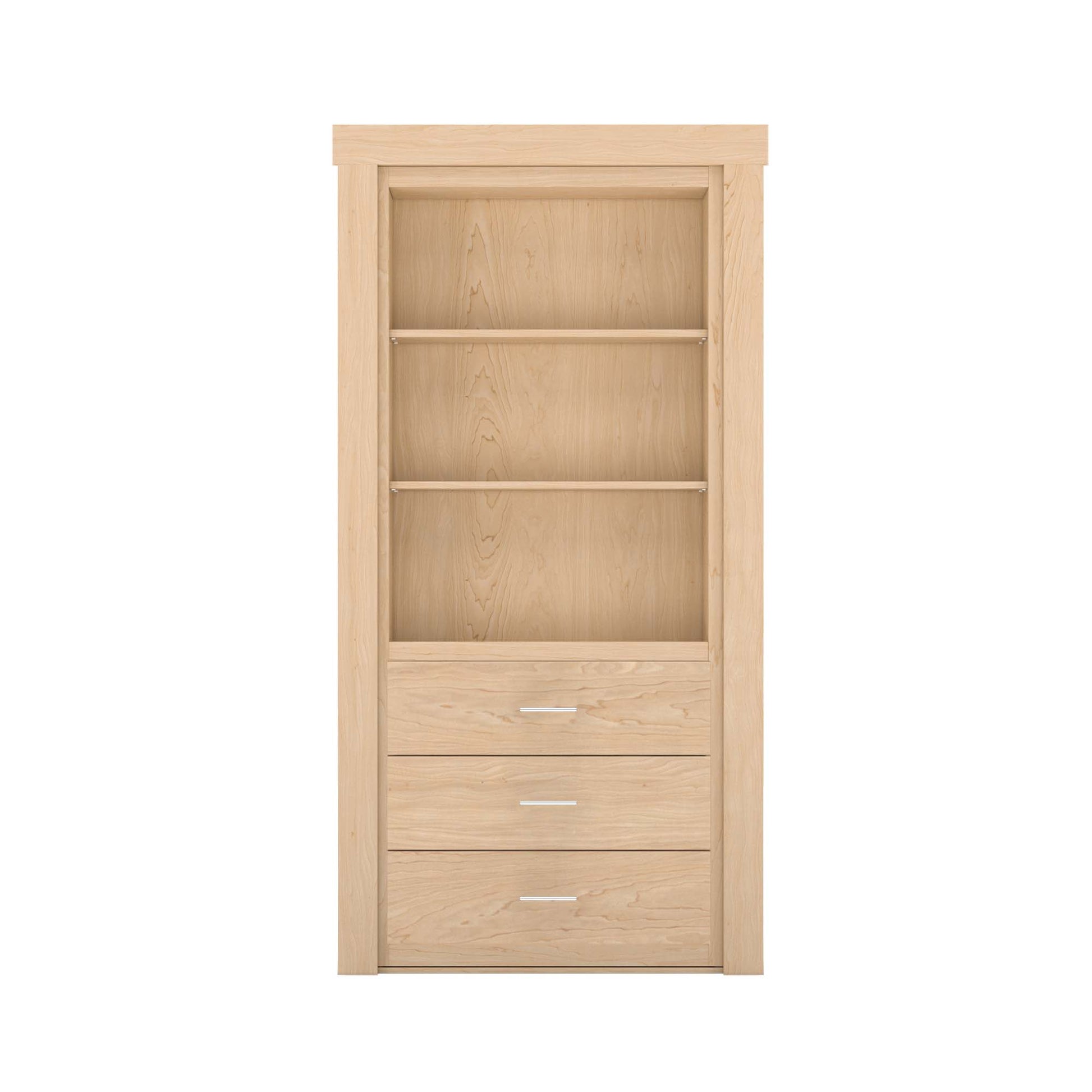Murphy Door® light maple hidden bookcase door with three shelves and three base drawers with silver pulls.