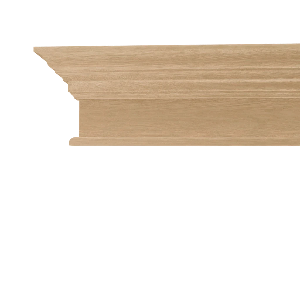 Light white oak Crown Front Entablature molding featuring a sophisticated stepped and curved profile