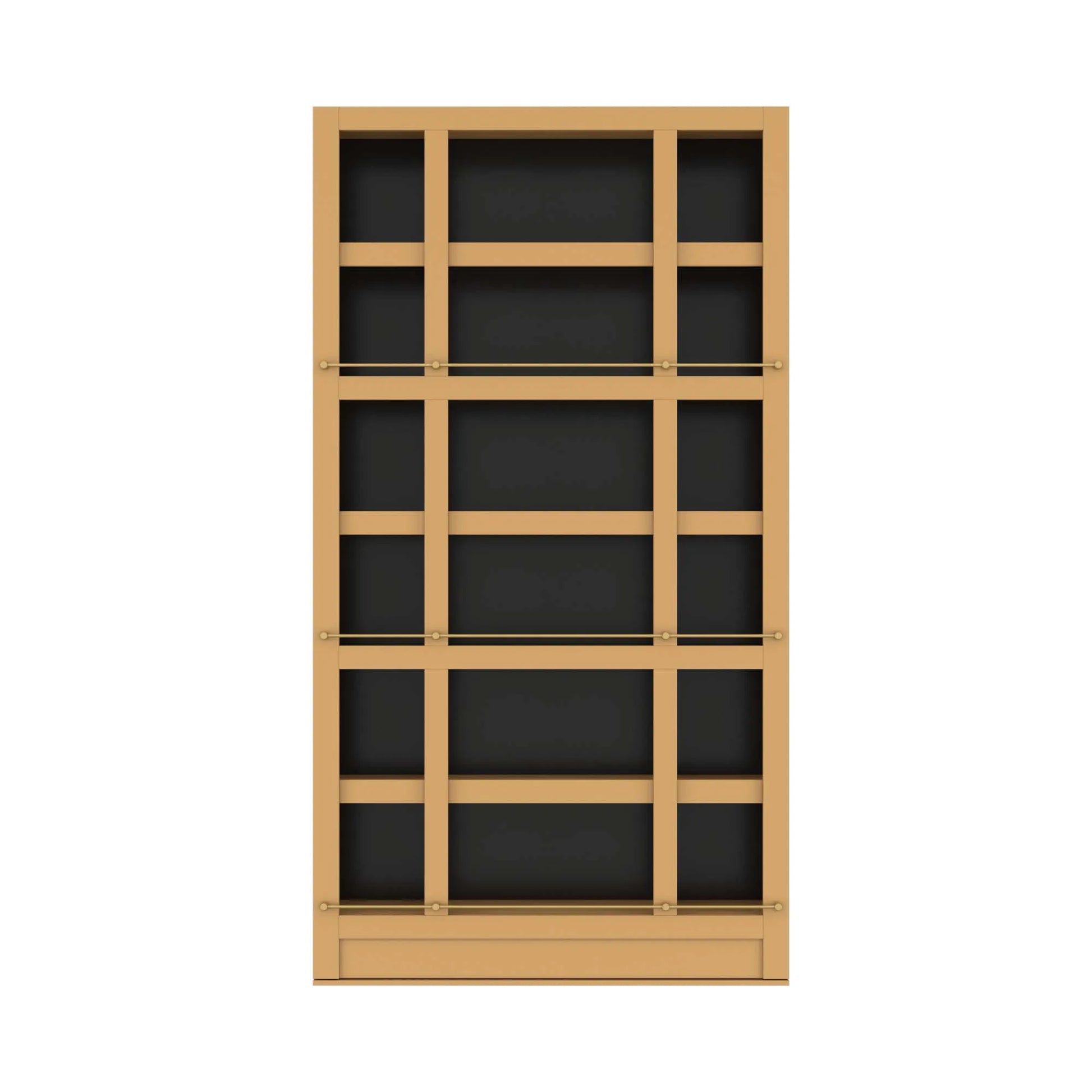 Murphy Door® wooden bookcase door in light oak finish with multiple shelving compartments and black backing panels.