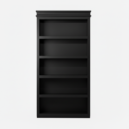 Paint Grade MDF / Black finish variation for Murphy Door® light oak wooden bookcase with five empty shelves, featuring natural wood grain and traditional styling.