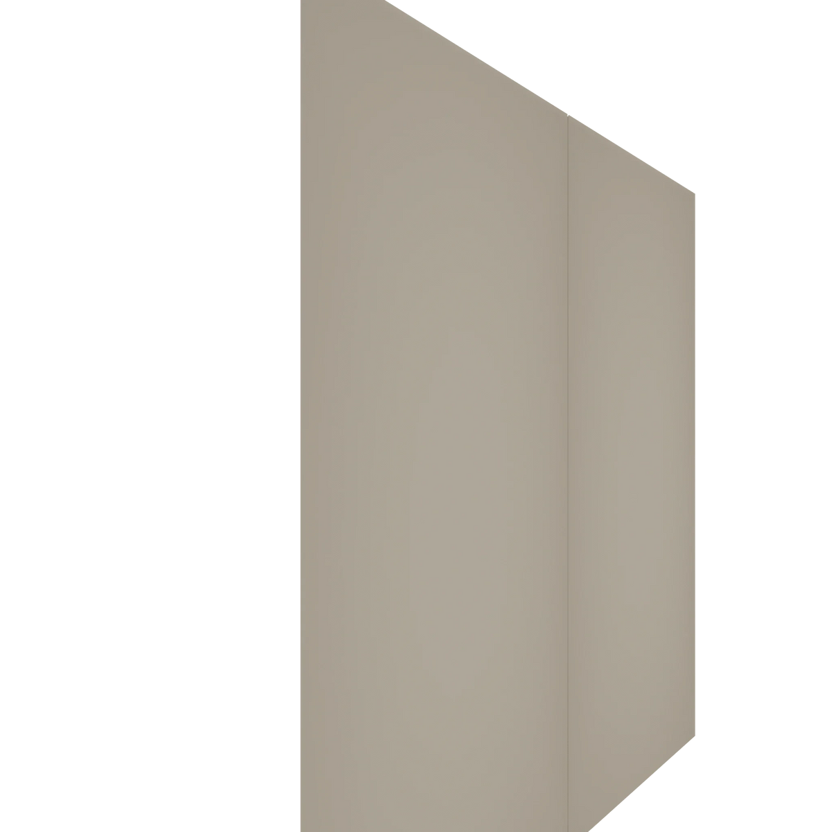 Upper Inset Slab Cabinet Door, left French style, in a soft greige paint finish, shown at an angle