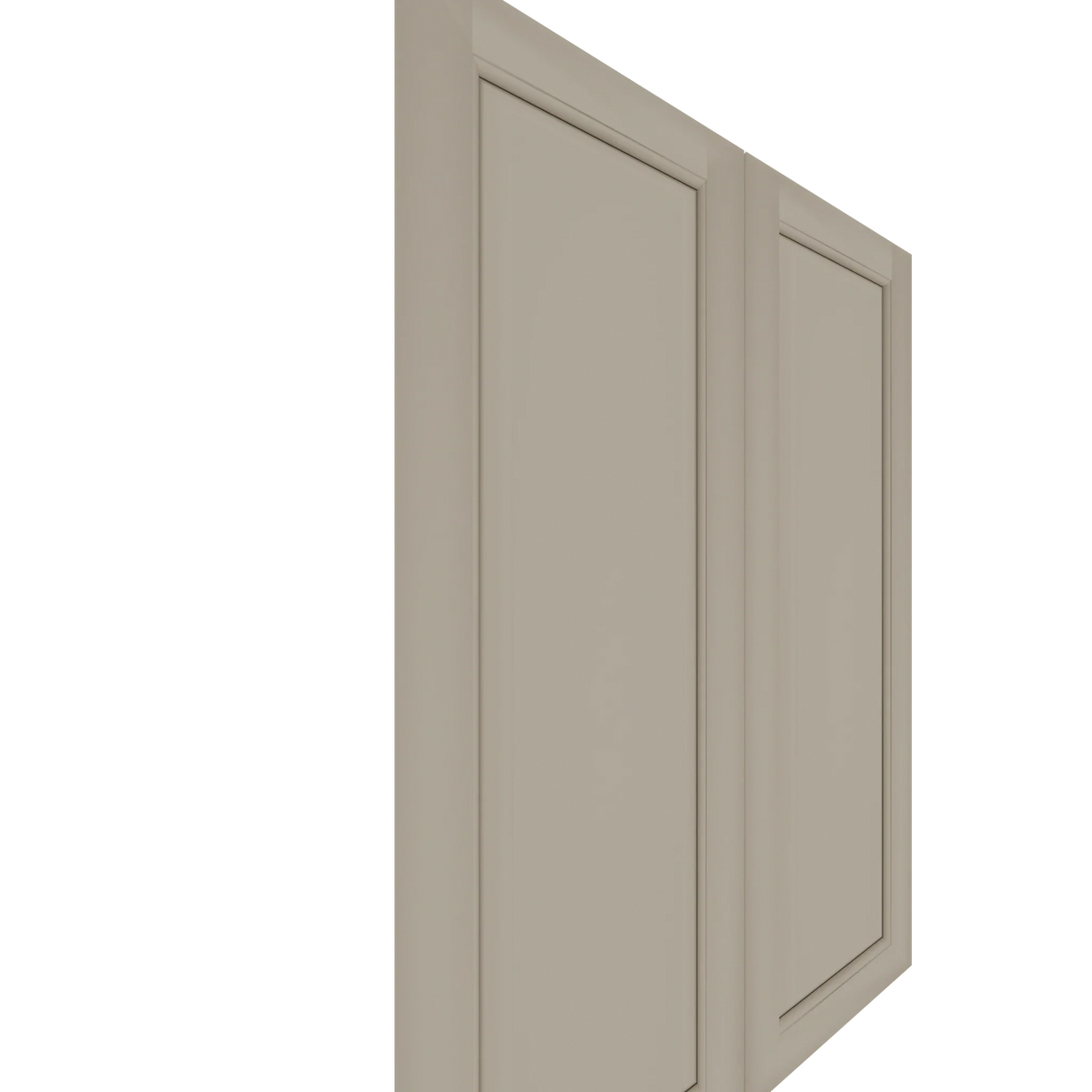 Upper inset raised panel cabinet door in a greige paint finish, viewed from a slight angle