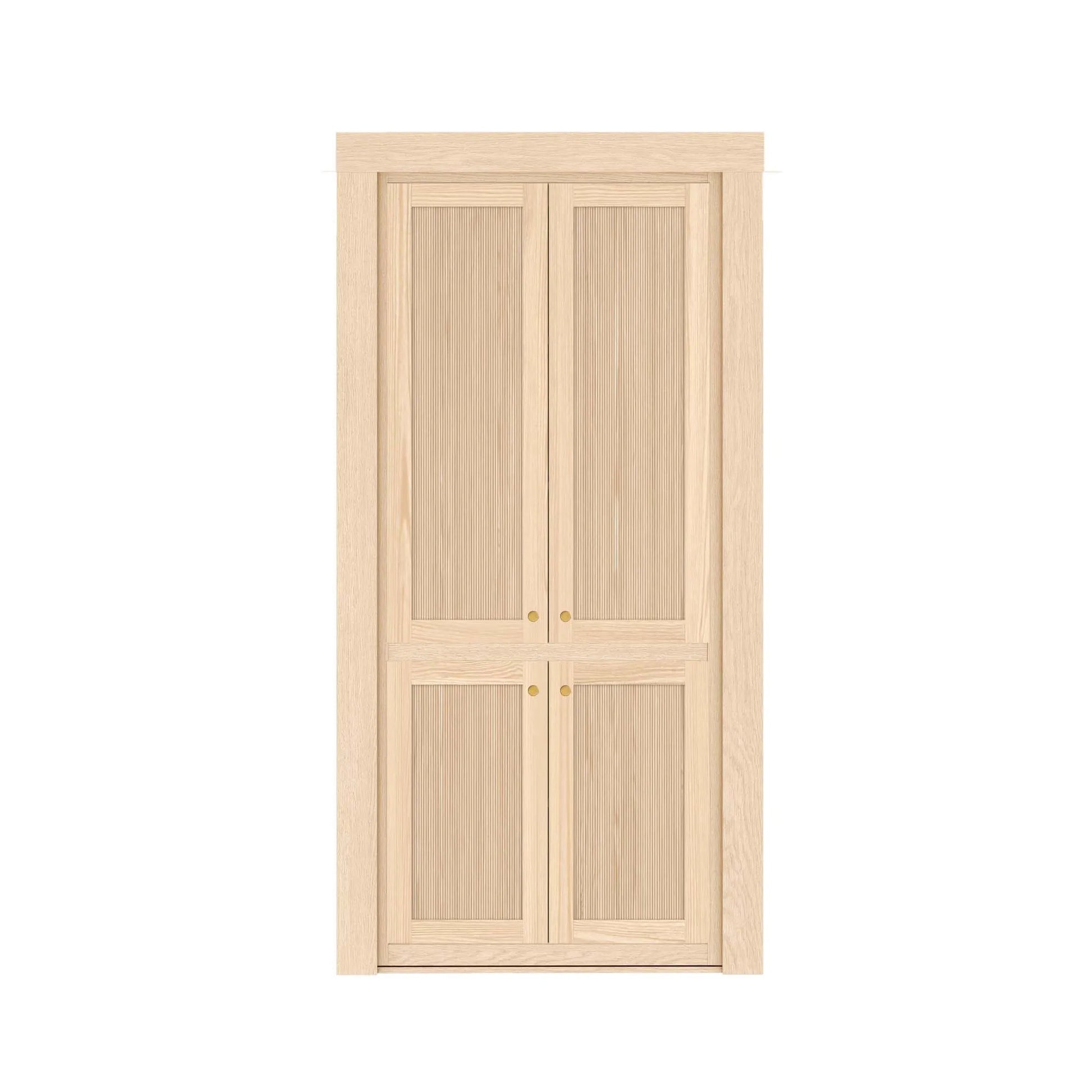 Murphy Door® light wood bifold door with vertical ribbed panels and brass knobs, offering elegant hidden storage.