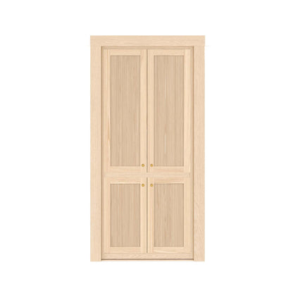 Murphy Door® light wood bifold door with vertical ribbed panels and brass knobs, offering elegant hidden storage.