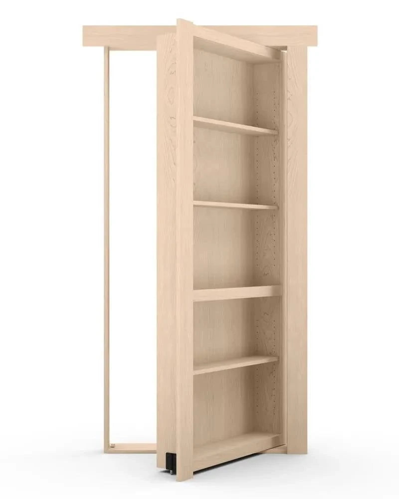 Murphy Door® light wood hidden bookcase door with five adjustable shelves, shown in partially open position.