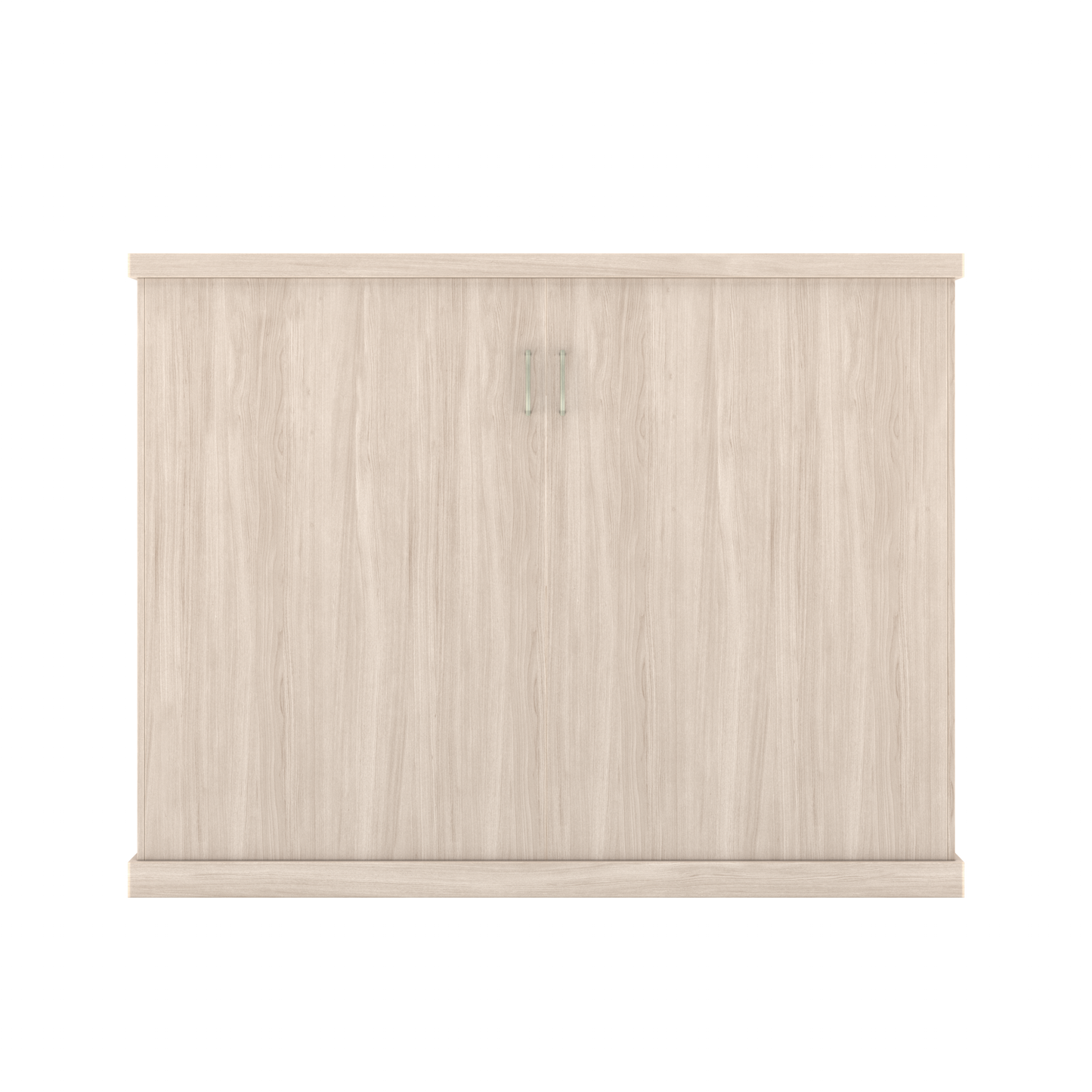Murphy Door® light wood hidden door, two panels, slim silver handles, and light wood top and base trim.