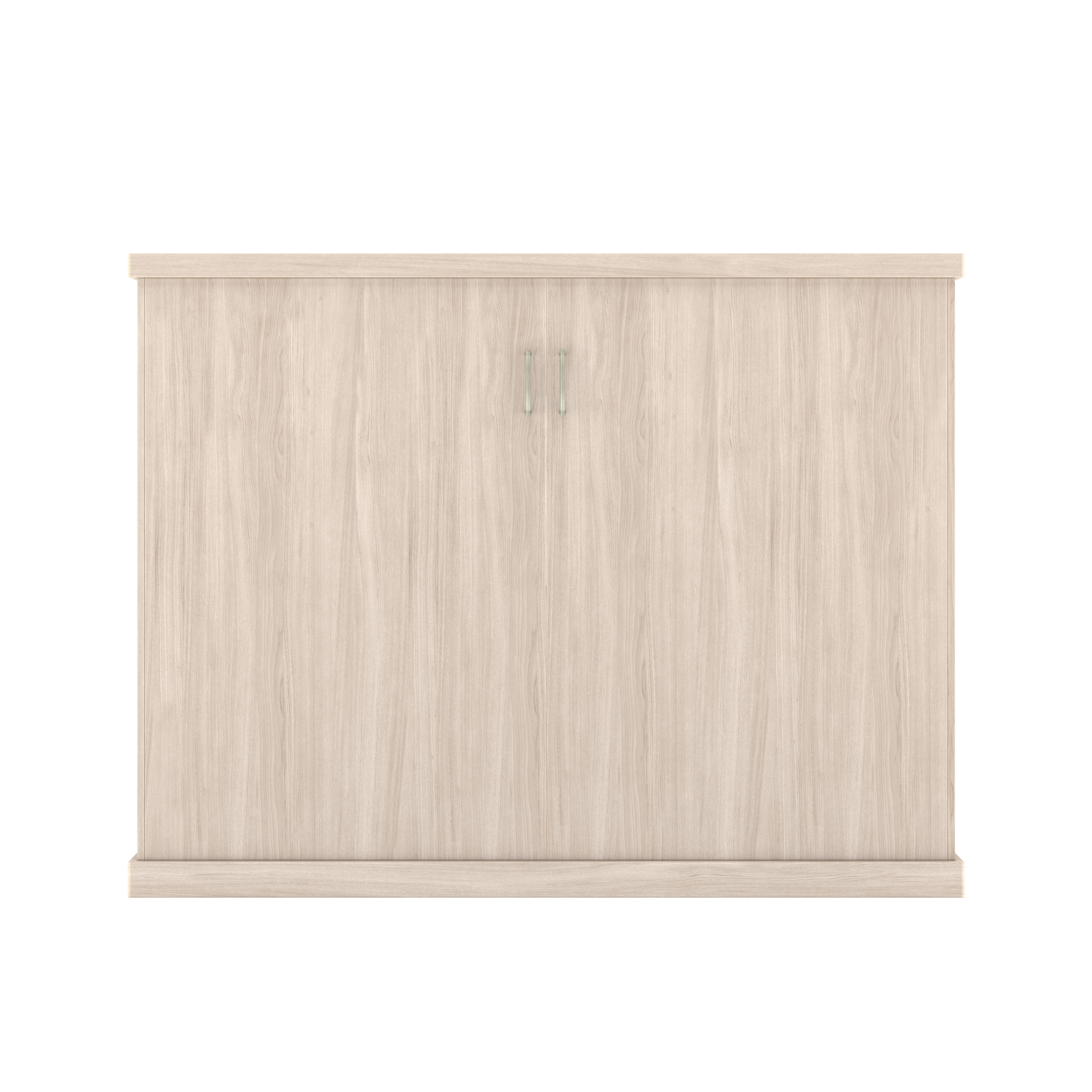 Murphy Door® light wood hidden door, two panels, slim silver handles, and light wood top and base trim.