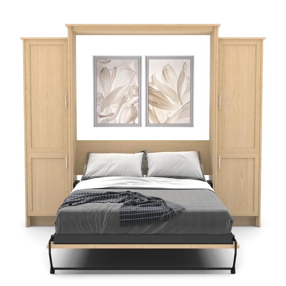 Murphy Door® light wood wall bed unit with dual storage cabinets, gray bedding, and floral artwork above the headboard.