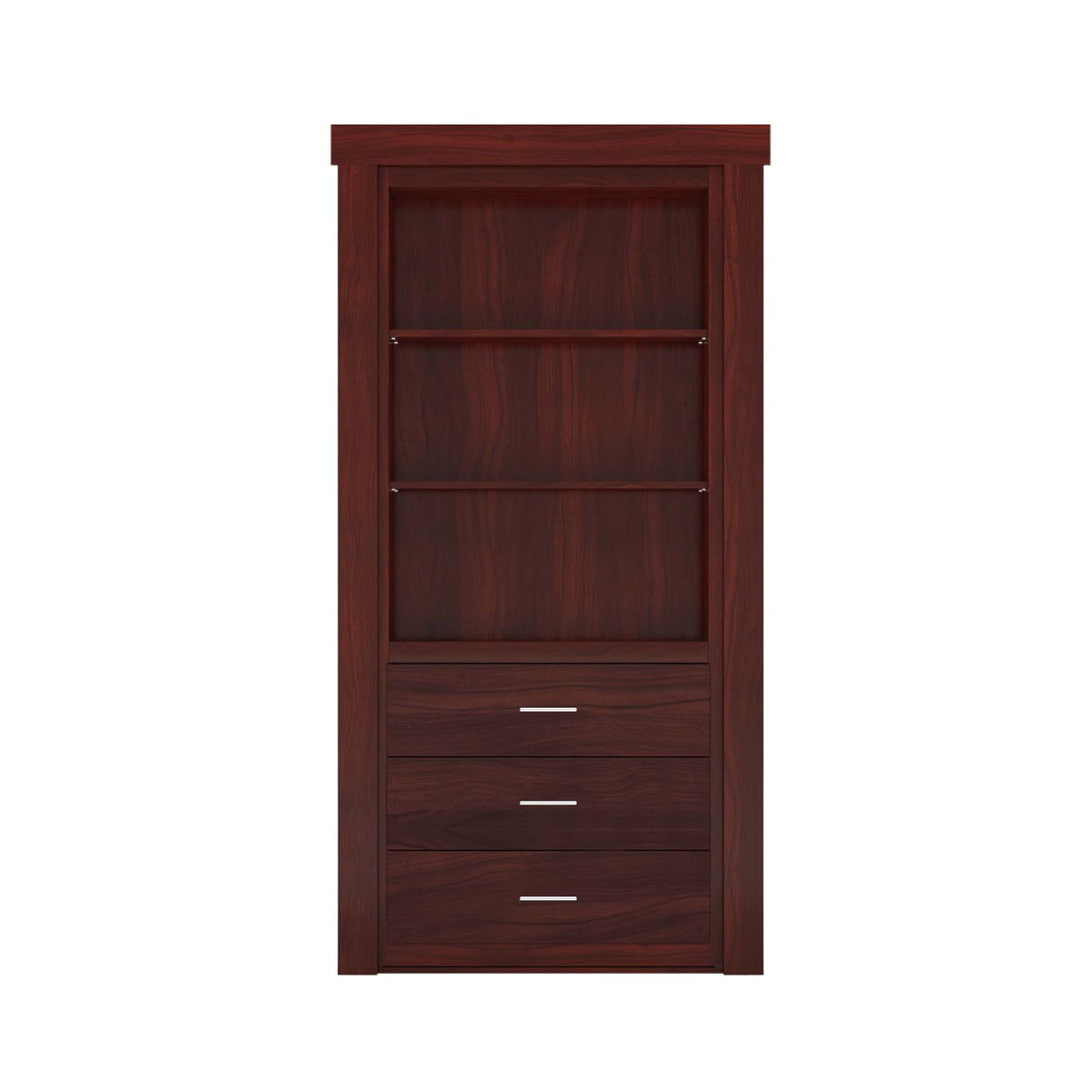 Murphy Door® mahogany wood bookcase with two open shelves and three bottom drawers.