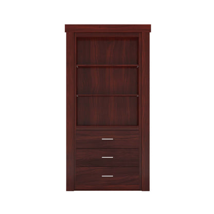 Murphy Door® mahogany wood bookcase with two open shelves and three bottom drawers.