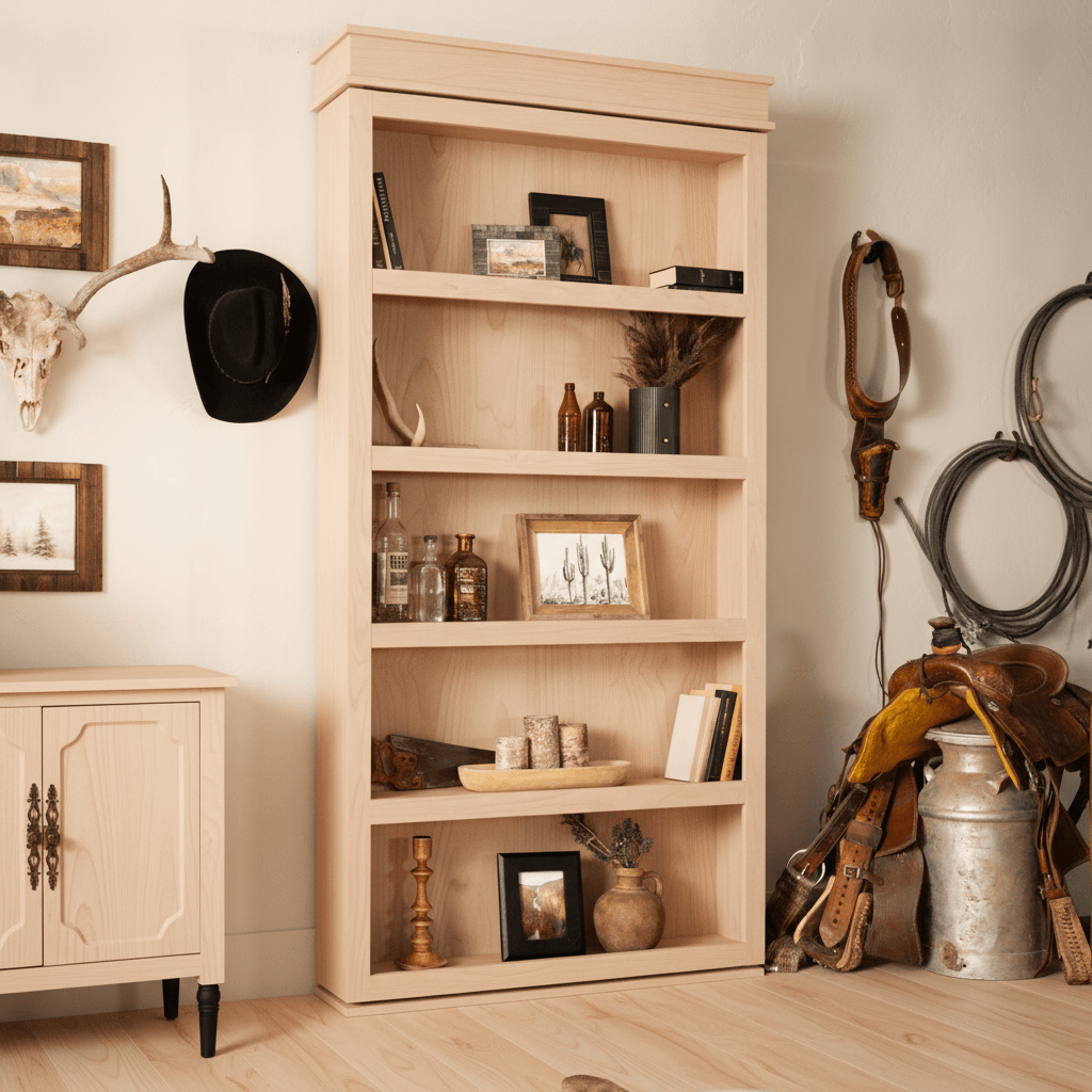 Maple / Unfinished finish variation for Murphy Door® Surface Mount Murphy Door: a dark wood hidden door bookcase with rustic Western decor.