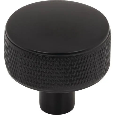 Murphy Door® matte black round cabinet knob with a knurled side.