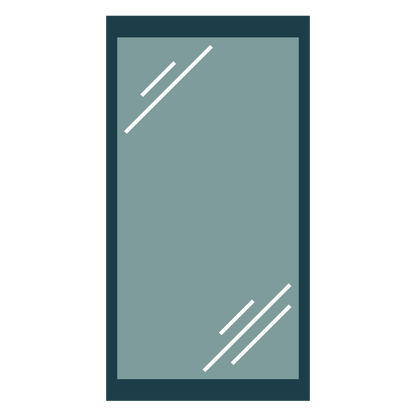 Murphy Door® rectangular mirror with a dark frame and light blue-green reflective surface, showing diagonal glare lines.
