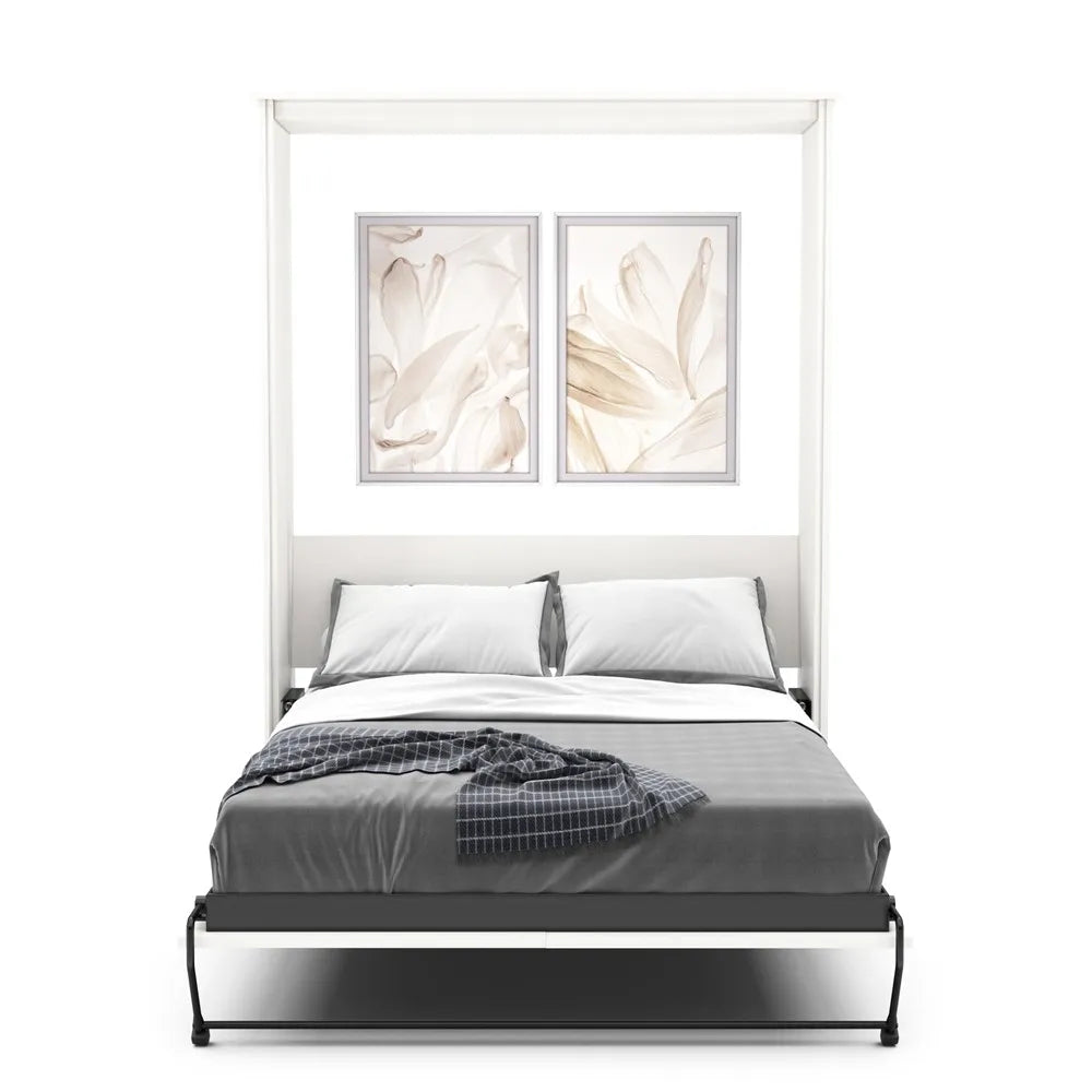 Murphy Door® modern canopy bed with white frame, gray bedding, and dual floral artwork above in minimalist bedroom setting.
